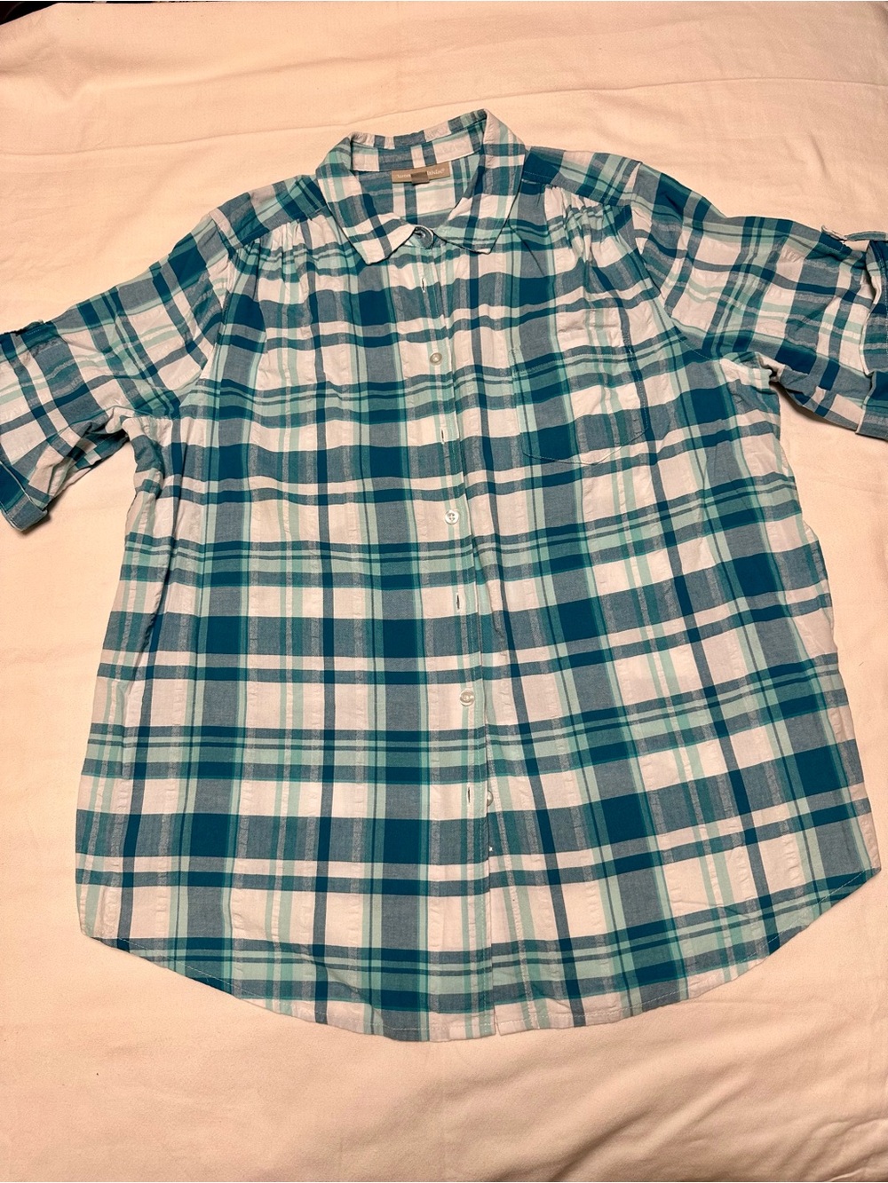 Woman Within Plaid Short-Sleeve Button-Up Shirt - Teal & White
